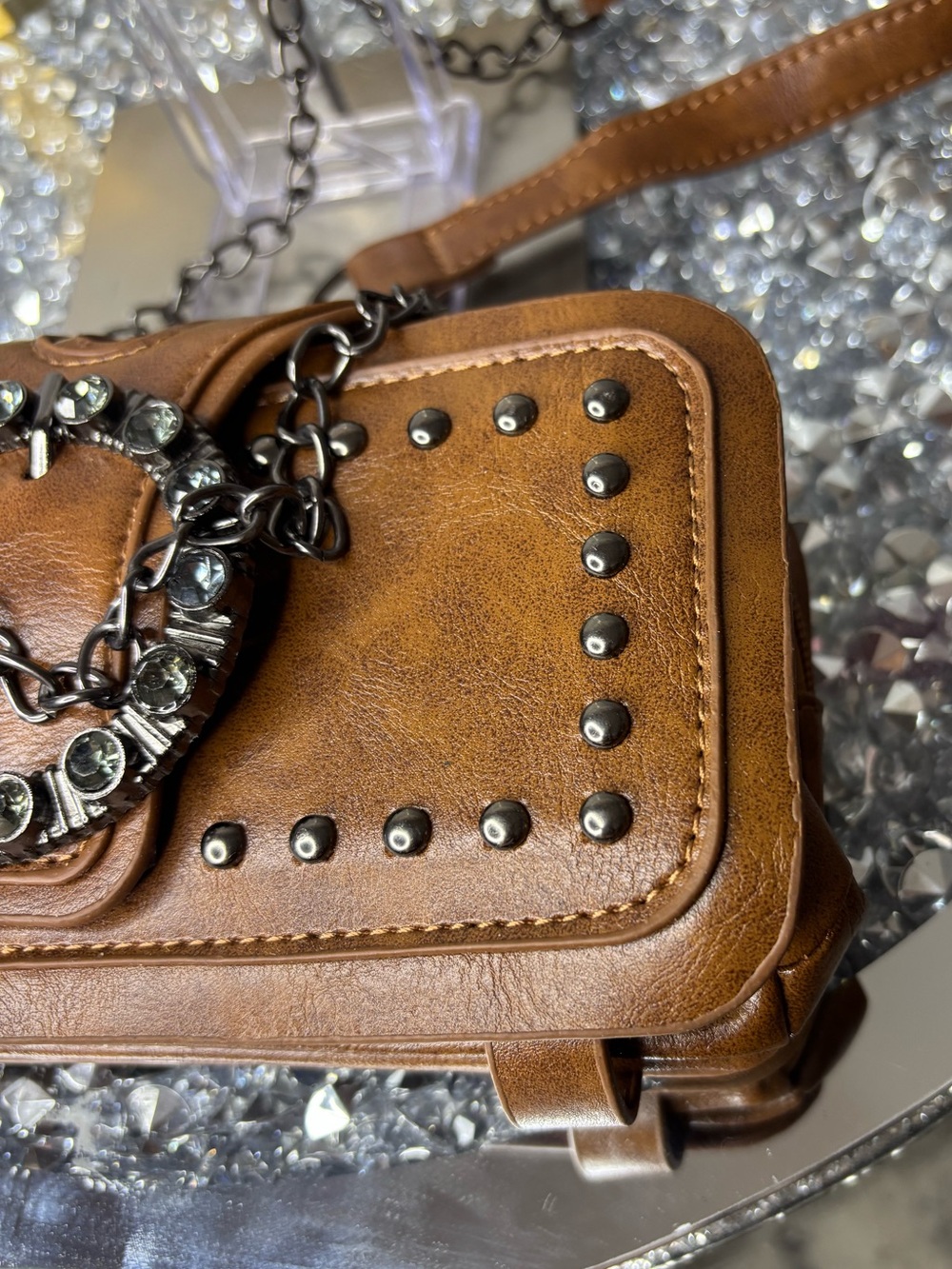 Rhinestone buckle Studded Brown Leather Crossbody NWOT - Picture 14 of 16